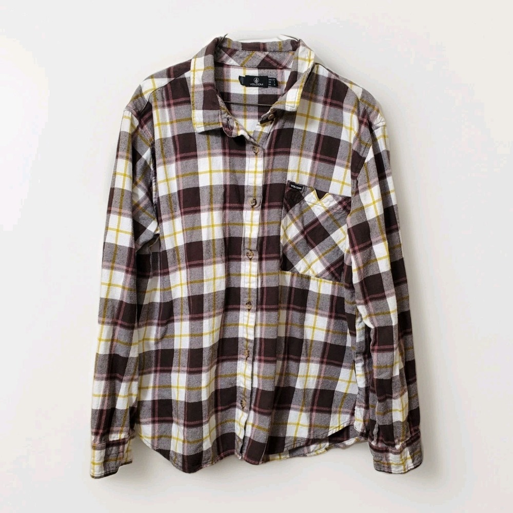 Volcom Shirt ladies Small Pink‎ White Brown Plaid Flannel Button Up  Casual